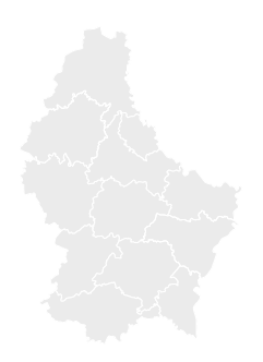 Szara mapa Luksemburgu z wyraźnym podziałem na prowincje.
