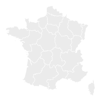 Szara mapa Francji z wyraźnym podziałem na prowincje.