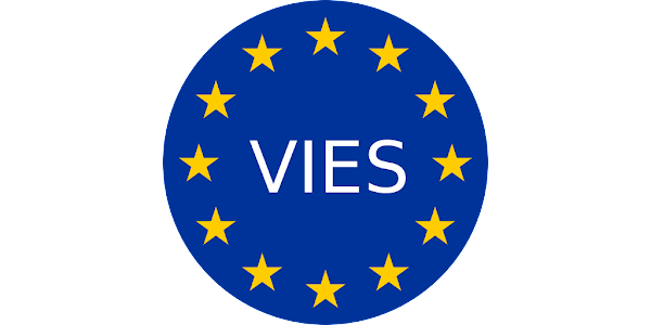 Logo VIES na niebieskim tle z żółtymi gwiazdami Unii Europejskiej.