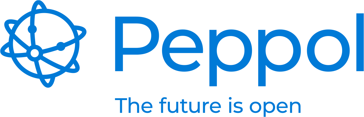 Logo Peppol z niebieską ikoną atomu po lewej i napisem „The future is open”.