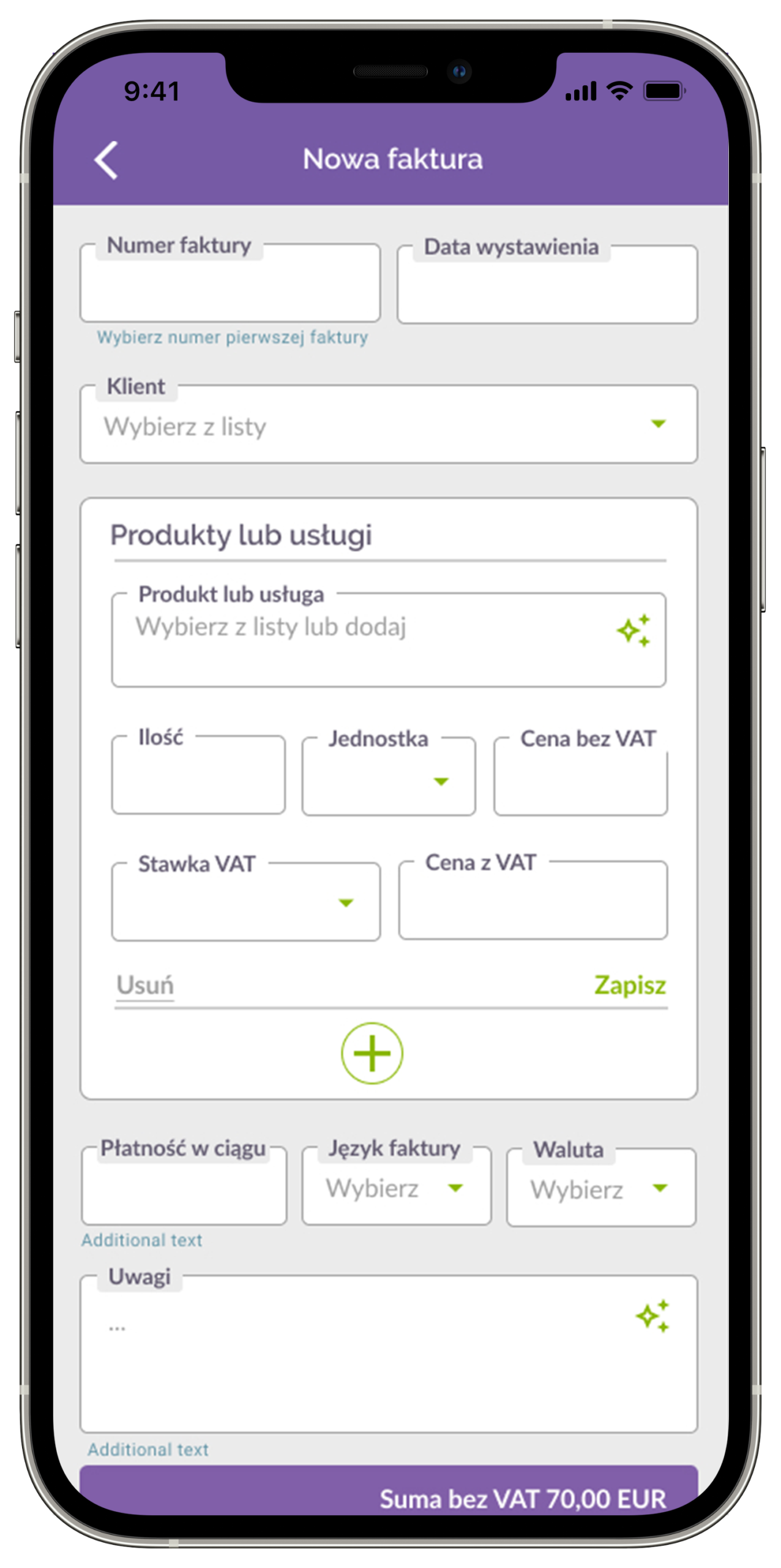 Zrzut ekranu aplikacji mobilnej z formularzem „Nowa faktura