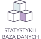 Ikona trzech ułożonych kostek symbolizujących dane, podpis Statystyki i baza danych.