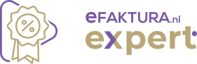 Logo efaktura.nl expert obok złotej odznaki w formie certyfikatu na ciemnym tle.