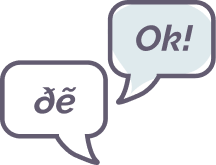 Ikona dwóch dymków czatu z napisami „Ok!” i znakami w innym języku.