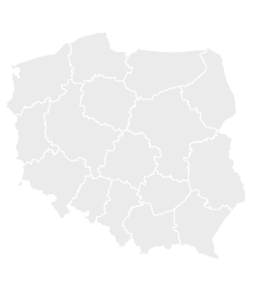 Szara mapa Polski z wyraźnym podziałem na wojwodźctwa