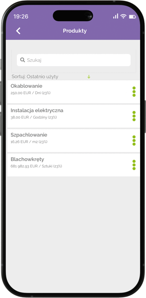 Ekran aplikacji mobilnej z listą produktów i usług, takich jak okablowanie, instalacja elektryczna, szpachlowanie i blachowkręty, z podanymi cenami w euro.