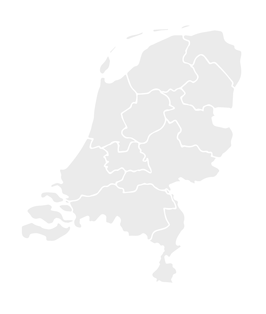 Szara mapa Holandii z wyraźnym podziałem na prowincje.
