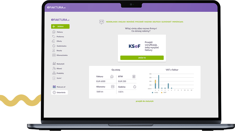 Ekran laptopa z otwartym panelem programu eFaktura.nl, prezentującym moduł integracji z KSeF oraz podsumowanie faktur i statystyk VAT.