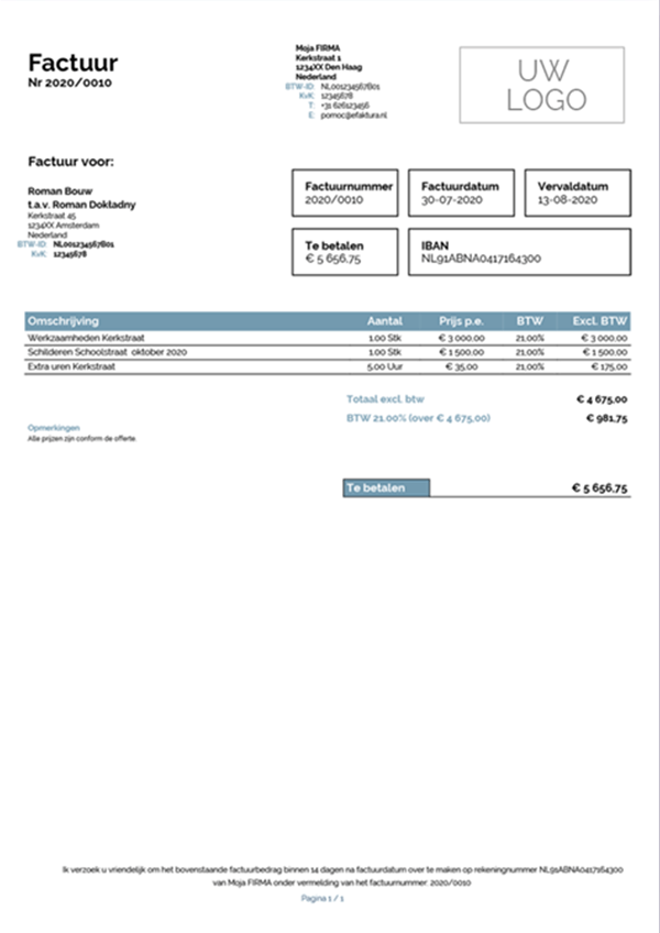 Wzór faktury w Holandii