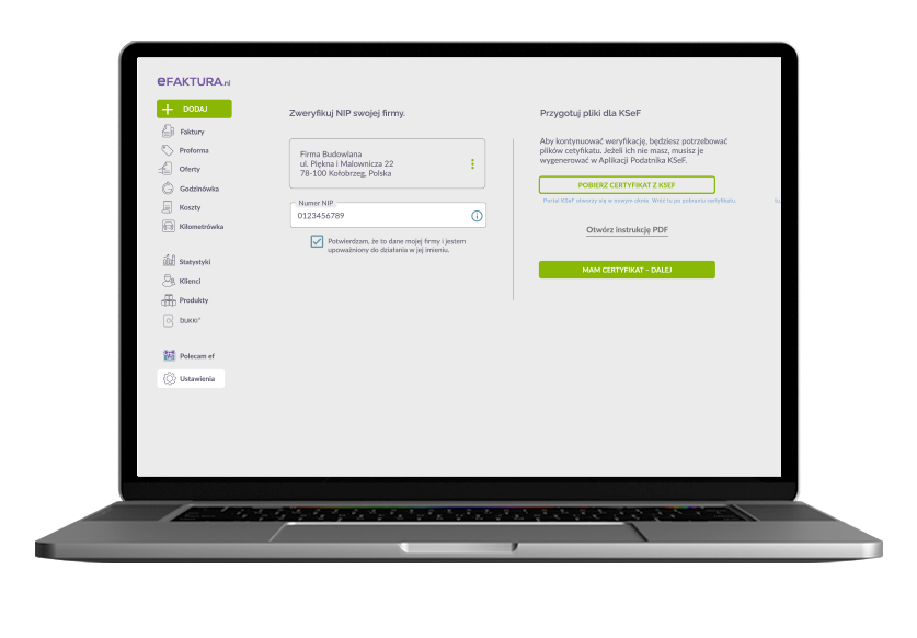 Laptop z otwartym panelem eFaktura.nl pokazującym ekran weryfikacji NIP i przygotowania certyfikatu do Krajowego Systemu e-Faktur (KSeF).