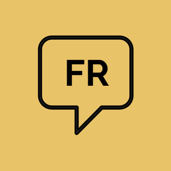 Żółte tło z czarnym konturem balonu dialogowego zawierającym litery FR, symbol języka francuskiego w eFaktura.nl.