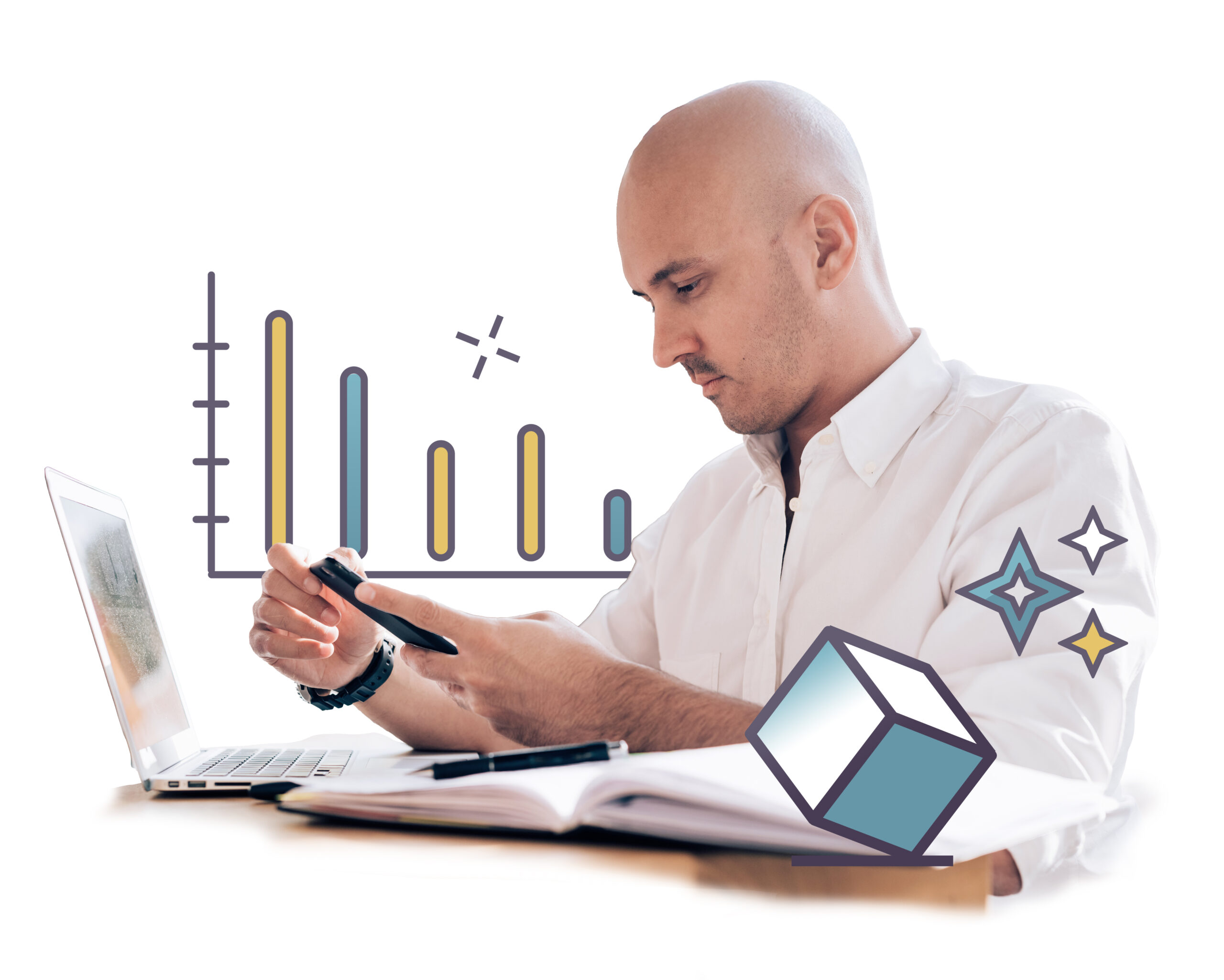 Mężczyzna pracujący przy laptopie, analizujący dane na telefonie i w notatniku, na tle ilustracji z wykresem i symbolami 3D.