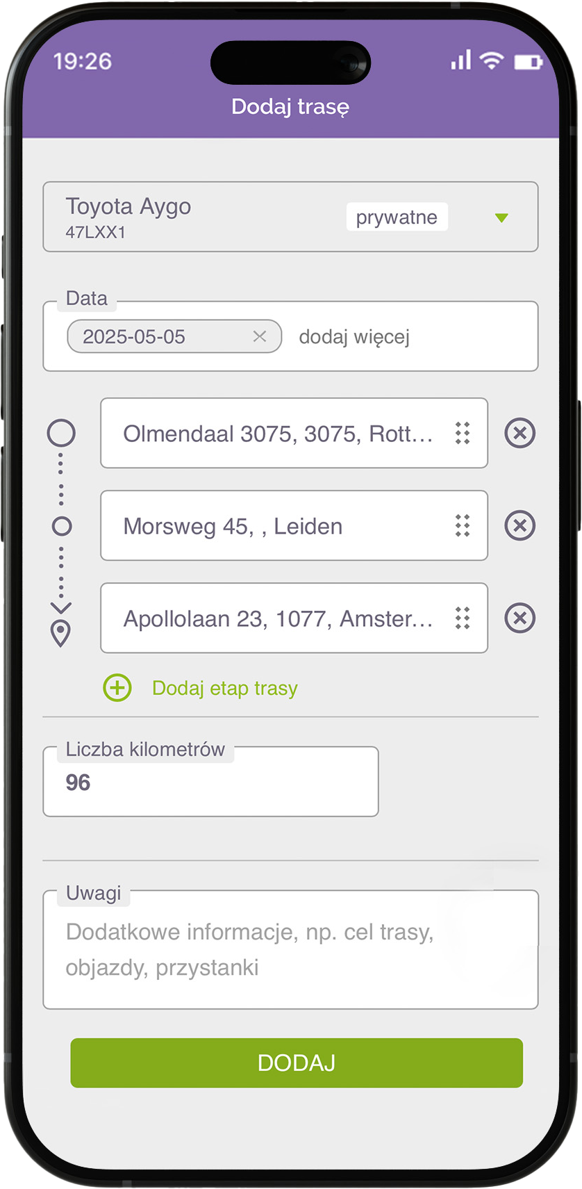 Podgląd w wersji mobilnej interfejs kilometrówki