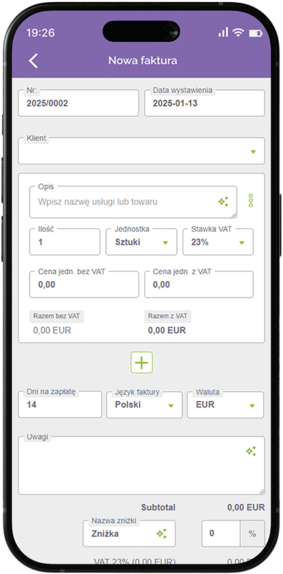 mockup z aplikacji nowa faktura