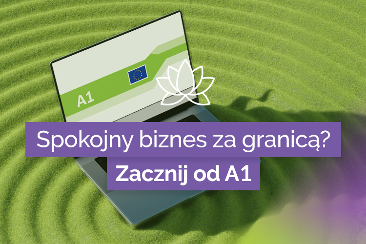 Laptop na zielonej, falującej trawie z kartą A1 na ekranie i fioletowymi napisami „Spokojny biznes za granicą? Zacznij od A1”.