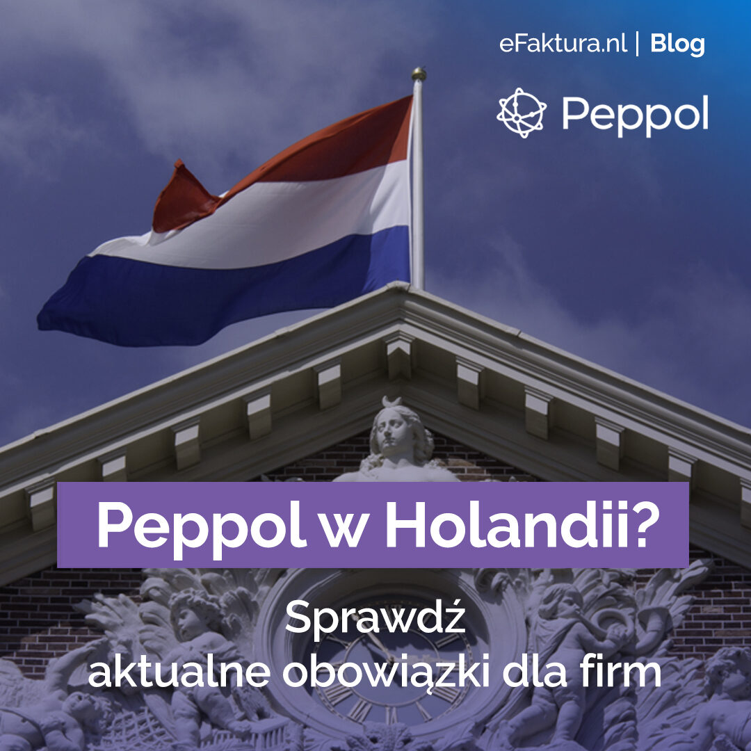Holenderska flaga powiewa nad klasycznym budynkiem z rzeźbioną fasadą, obok widoczne logotypy eFaktura.nl i Peppol oraz baner z napisem „Peppol w Holandii? Sprawdź aktualne obowiązki dla firm”.