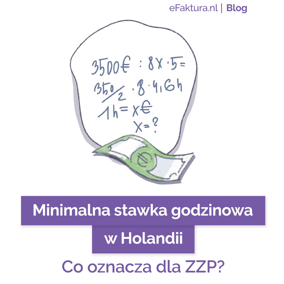 Ilustracja przedstawia szkic obliczeń stawki godzinowej w euro z widocznym banknotem, a poniżej znajduje się tytuł „Minimalna stawka godzinowa w Holandii”.