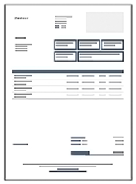 Graficzny szkic faktury z nagłówkiem po lewej, sekcjami informacyjnymi i tabelą pozycji z podsumowaniem kosztów.